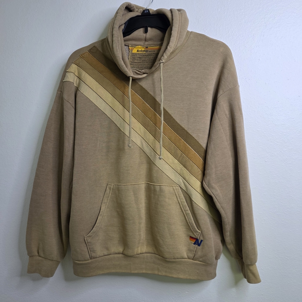 RARE Aviator Nation Diagonal 5-Stripe Hoodie - Sand/Tan Neutral - Unisex Med